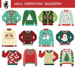 Image displaying various ugly holiday sweaters